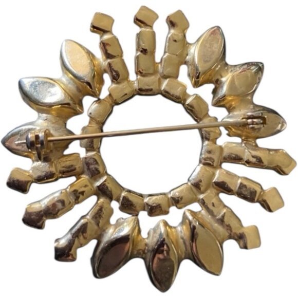 Vintage Aurora Borealis Rhinestone Circle Brooch Pin Gold-Tone Flower Design - Picture 2 of 5
